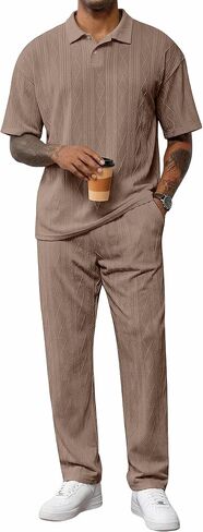 JMIERR Mens Two Piece Outfits Short Sleeve Polo Shirts & Loose Pants Sets Casual Summer Textured Suits in Kuwait