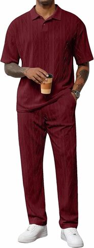 JMIERR Mens Two Piece Outfits Short Sleeve Polo Shirts & Loose Pants Sets Casual Summer Textured Suits in Kuwait
