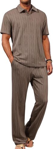 JMIERR Mens Two Piece Outfits Short Sleeve Polo Shirts & Loose Pants Sets Casual Summer Textured Suits in Kuwait