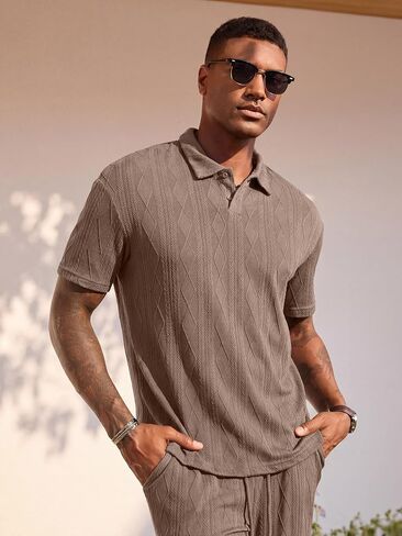JMIERR Mens Two Piece Outfits Short Sleeve Polo Shirts & Loose Pants Sets Casual Summer Textured Suits in Kuwait
