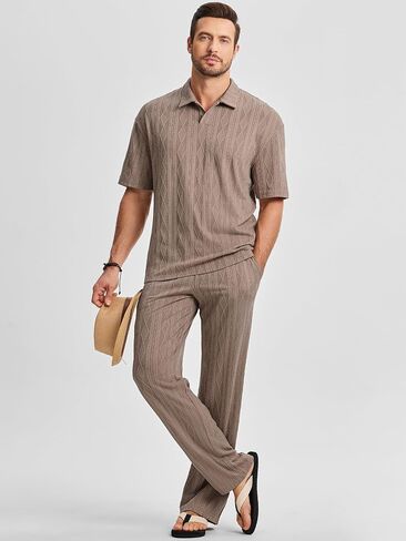 JMIERR Mens Two Piece Outfits Short Sleeve Polo Shirts & Loose Pants Sets Casual Summer Textured Suits in Kuwait