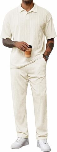 JMIERR Mens Two Piece Outfits Short Sleeve Polo Shirts & Loose Pants Sets Casual Summer Textured Suits in Kuwait
