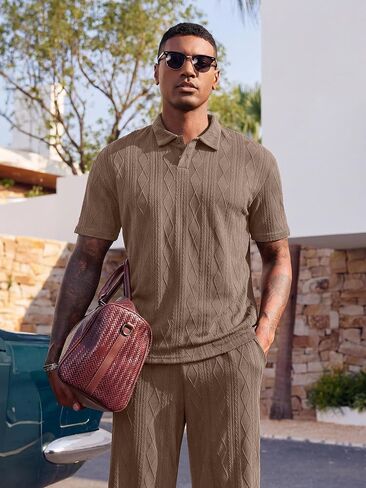 JMIERR Mens Two Piece Outfits Short Sleeve Polo Shirts & Loose Pants Sets Casual Summer Textured Suits in Kuwait