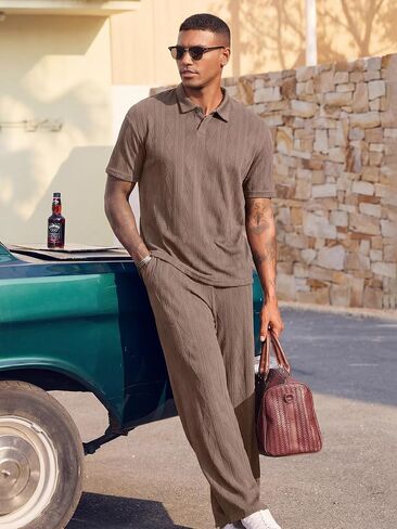 JMIERR Mens Two Piece Outfits Short Sleeve Polo Shirts & Loose Pants Sets Casual Summer Textured Suits in Kuwait