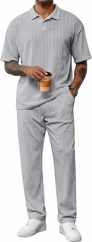 JMIERR Mens Two Piece Outfits Short Sleeve Polo Shirts & Loose Pants Sets Casual Summer Textured Suits in Kuwait