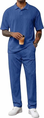 JMIERR Mens Two Piece Outfits Short Sleeve Polo Shirts & Loose Pants Sets Casual Summer Textured Suits in Kuwait