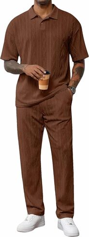 JMIERR Mens Two Piece Outfits Short Sleeve Polo Shirts & Loose Pants Sets Casual Summer Textured Suits in Kuwait