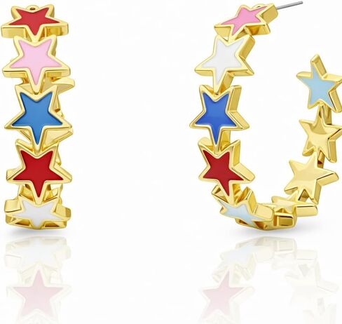 Packed Party Patriotic Star Hoop Earrings – Hypoallergenic Gold-Tone Hoops with Red White Blue Enamel Stars for 4th of July, 1.5 Inch in Saudi Arabia