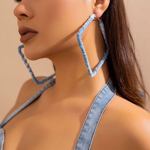 Denim Geometric Hoop Huggie Earrings,Trendy Vintage Round Square Statement Earrings,Charming Minimalist Exaggerated Big Heart Ear Accessories in Kuwait
