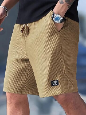 Men's Waffle Knit Casual Shorts Elastic Waist Drawstring Summer Athletic Shorts with Pockets in Kuwait