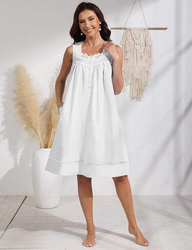 Pearl Snap Button 100% Cotton Nightgown for Women Sleeveless Short Nightgown with Pockets for Summer Sleeping in Kuwait