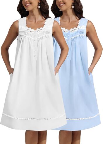 Pearl Snap Button 100% Cotton Nightgown for Women Sleeveless Short Nightgown with Pockets for Summer Sleeping in Kuwait