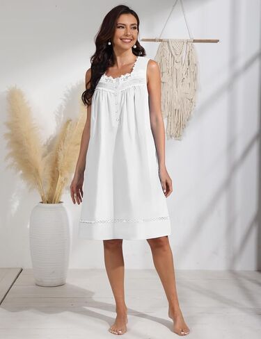 Pearl Snap Button 100% Cotton Nightgown for Women Sleeveless Short Nightgown with Pockets for Summer Sleeping in Kuwait