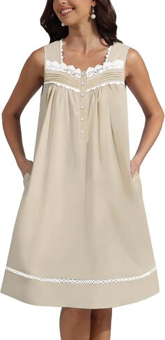 Pearl Snap Button 100% Cotton Nightgown for Women Sleeveless Short Nightgown with Pockets for Summer Sleeping in Kuwait