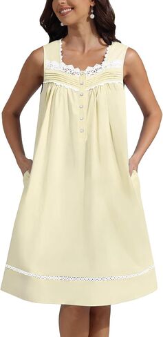 Pearl Snap Button 100% Cotton Nightgown for Women Sleeveless Short Nightgown with Pockets for Summer Sleeping in Kuwait