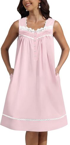 Pearl Snap Button 100% Cotton Nightgown for Women Sleeveless Short Nightgown with Pockets for Summer Sleeping in Kuwait