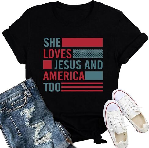 Loves Jesus and America Too Shirt Women USA 4th of July Christian T-Shirt American Independence Day Patriotic Tee in Kuwait