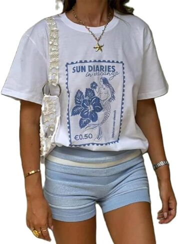 Amiblvowa Graphic Shirts Teen Girls Women Short Sleeve Hawaii Cute Oversized Tops Y2k Coastal Flower Fruit Summer Baggy Tees in Saudi Arabia