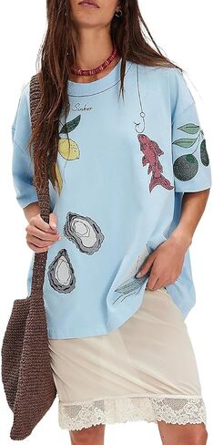 Amiblvowa Graphic Shirts Teen Girls Women Short Sleeve Hawaii Cute Oversized Tops Y2k Coastal Flower Fruit Summer Baggy Tees in Kuwait