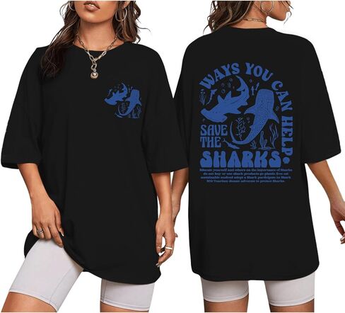 Whale Shark Oversized Shirt for Women Ocean Letter T Shirts Aesthetic Graphic Tees Beach Casual Loose Tops in Saudi Arabia
