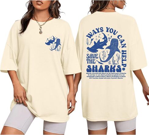 تي شيرت حريمي كبير الحجم من Whale Shark للسيدات بحروف المحيط، تي شيرتات ذات رسومات جمالية، تي شيرتات فضفاضة غير رسمية للشاطئ in Kuwait