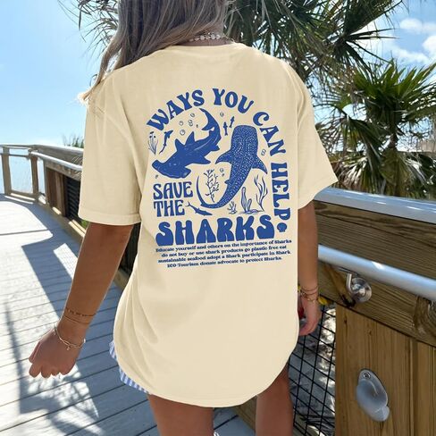تي شيرت حريمي كبير الحجم من Whale Shark للسيدات بحروف المحيط، تي شيرتات ذات رسومات جمالية، تي شيرتات فضفاضة غير رسمية للشاطئ in Kuwait