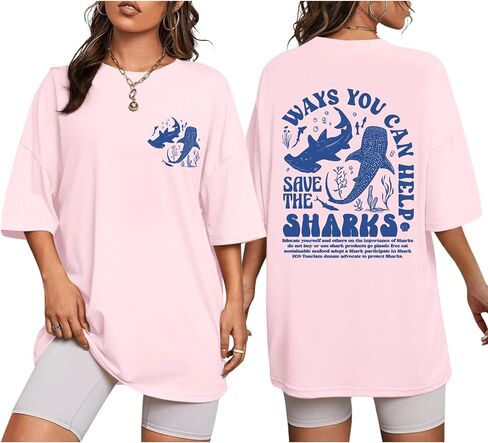 تي شيرت حريمي كبير الحجم من Whale Shark للسيدات بحروف المحيط، تي شيرتات ذات رسومات جمالية، تي شيرتات فضفاضة غير رسمية للشاطئ in Kuwait