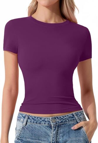 Womens Basic T Shirts Short Sleeve Slim Fit Tops Summer Crew Neck Soft Stretchy Tee Casual Y2k Clothes in Saudi Arabia