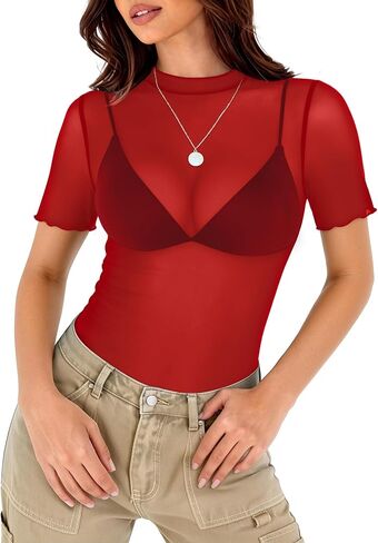 Elesomo Women Mesh Lace Top Short/Long Sleeve Sheer Shirt Summer Blouses in Saudi Arabia