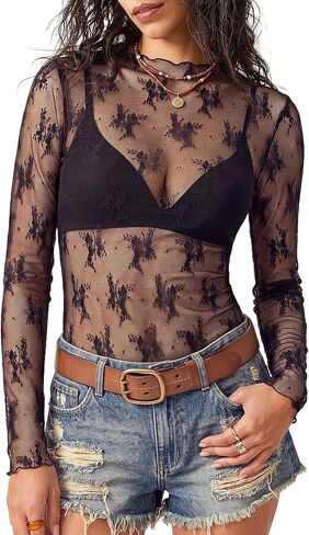 Elesomo Women Mesh Lace Top Short/Long Sleeve Sheer Shirt Summer Blouses in Saudi Arabia