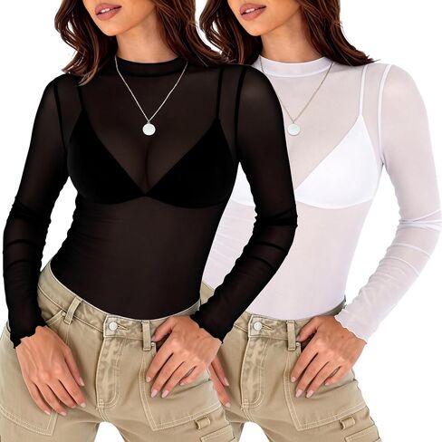 Elesomo Women Mesh Lace Top Short/Long Sleeve Sheer Shirt Summer Blouses in Saudi Arabia