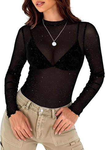 Elesomo Women Mesh Lace Top Short/Long Sleeve Sheer Shirt Summer Blouses in Saudi Arabia