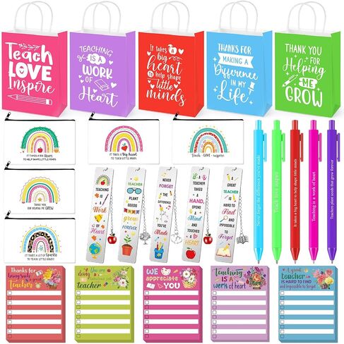 25 Pcs Teachers Appreciation Gift for Women Teacher Colorful Paper Bags Makeup Bags Sticky Notes Ballpoint Pens and Bookmarks for Tutor Appreciation Week Gift Sets Bulk in Kuwait