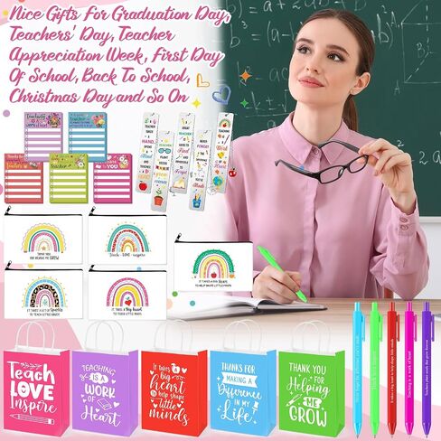 25 Pcs Teachers Appreciation Gift for Women Teacher Colorful Paper Bags Makeup Bags Sticky Notes Ballpoint Pens and Bookmarks for Tutor Appreciation Week Gift Sets Bulk in Kuwait