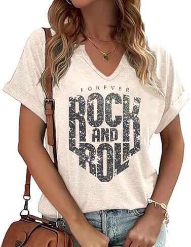 Women Vintage Rock T Shirts Casual Loose Fit Short Sleeve Country Rock Band T-Shirts Tshirt Vintage Letter Print in Kuwait