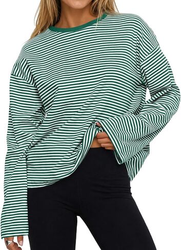 Flowyair Womens Oversized Striped Long Sleeve Shirts Casual Trendy Crew Neck Cotton Tops Drop Shoulder Loose Fit T Shirts in Saudi Arabia