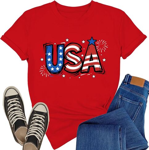 USA Shirts for Women 4th of July Patriotic T-Shirts American Flag Independence Day Fireworks Tee Tops in Kuwait