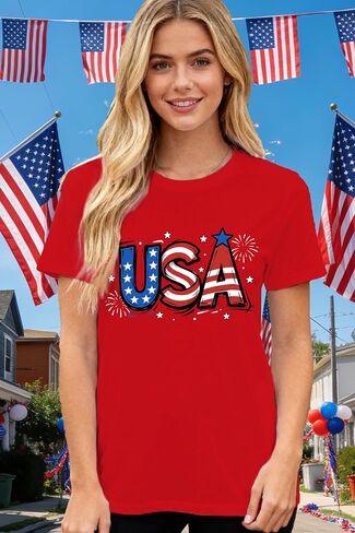 USA Shirts for Women 4th of July Patriotic T-Shirts American Flag Independence Day Fireworks Tee Tops in Kuwait