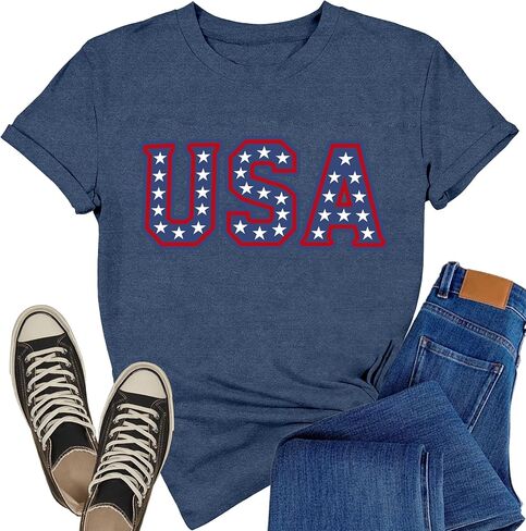 USA Shirts for Women 4th of July Patriotic T-Shirts American Flag Independence Day Fireworks Tee Tops in Kuwait
