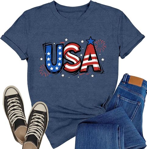 USA Shirts for Women 4th of July Patriotic T-Shirts American Flag Independence Day Fireworks Tee Tops in Kuwait