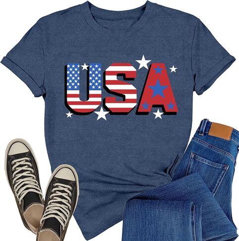 USA Shirts for Women 4th of July Patriotic T-Shirts American Flag Independence Day Fireworks Tee Tops in Kuwait
