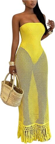 Floerns Women's Strapless Crochet Dress Tassel Trim Bodycon Beach Vacation Long Dresses in Saudi Arabia