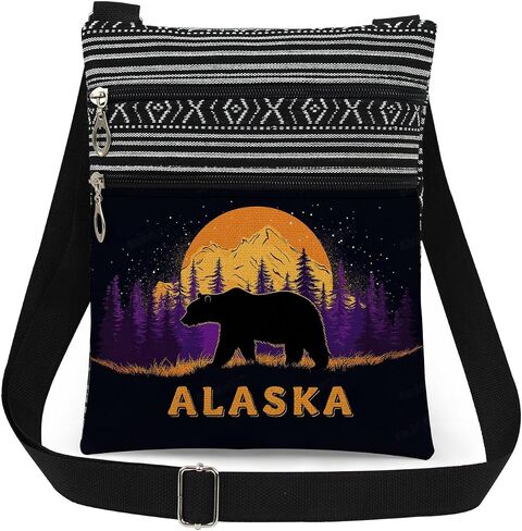 Alaska Wilderness Crossbody Bag Black Bear Moonlit Mountain Landscape Print Messenger Bag Adjustable Strap Purse for Outdoor Enthusiasts Nature Themed Gift for Adventurers Birthday Present in Saudi Arabia