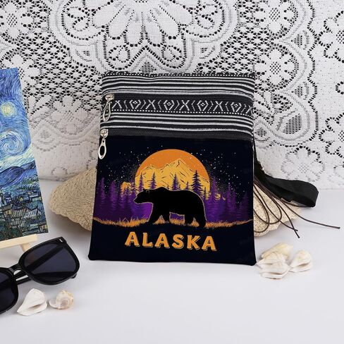 Alaska Wilderness Crossbody Bag Black Bear Moonlit Mountain Landscape Print Messenger Bag Adjustable Strap Purse for Outdoor Enthusiasts Nature Themed Gift for Adventurers Birthday Present in Saudi Arabia
