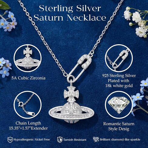 JOLINO Saturn Necklace,Y2K Necklace,Unique Pin & Zircon-Embellished,925 Sterling Silver Plated with 18K White Gold,Surprise Your Wife,Girlfriend,Mother,or Best Friend on Birthdays,Anniversaries,or Ggraduations in Saudi Arabia