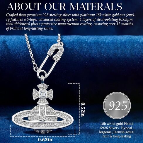JOLINO Saturn Necklace,Y2K Necklace,Unique Pin & Zircon-Embellished,925 Sterling Silver Plated with 18K White Gold,Surprise Your Wife,Girlfriend,Mother,or Best Friend on Birthdays,Anniversaries,or Ggraduations in Saudi Arabia