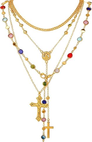 4PCS Layered Gold Cross Necklace Set for Women, Trendy Bohemian Bead Pearl Y Pendant - Vintage Rosary Stackable Necklaces, Adjustable Length Fashion Jewelry in Saudi Arabia