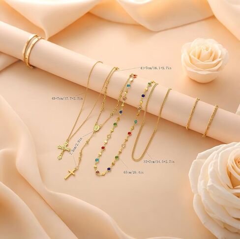 4PCS Layered Gold Cross Necklace Set for Women, Trendy Bohemian Bead Pearl Y Pendant - Vintage Rosary Stackable Necklaces, Adjustable Length Fashion Jewelry in Saudi Arabia