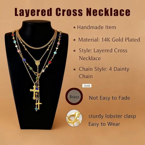 4PCS Layered Gold Cross Necklace Set for Women, Trendy Bohemian Bead Pearl Y Pendant - Vintage Rosary Stackable Necklaces, Adjustable Length Fashion Jewelry in Saudi Arabia