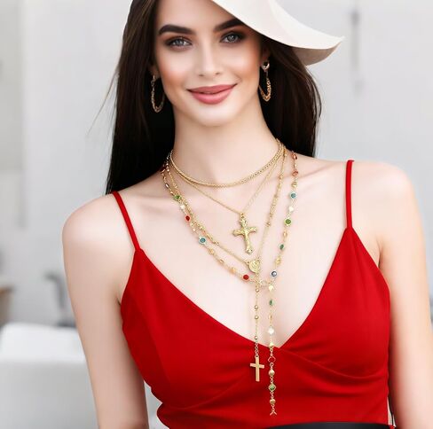4PCS Layered Gold Cross Necklace Set for Women, Trendy Bohemian Bead Pearl Y Pendant - Vintage Rosary Stackable Necklaces, Adjustable Length Fashion Jewelry in Saudi Arabia